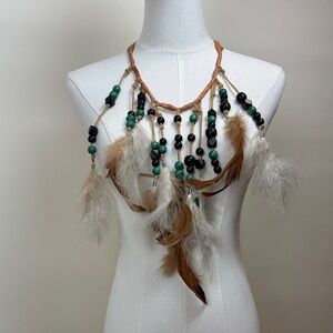 Y2K Bohemian Feather and Geometric Bead Statement Necklace